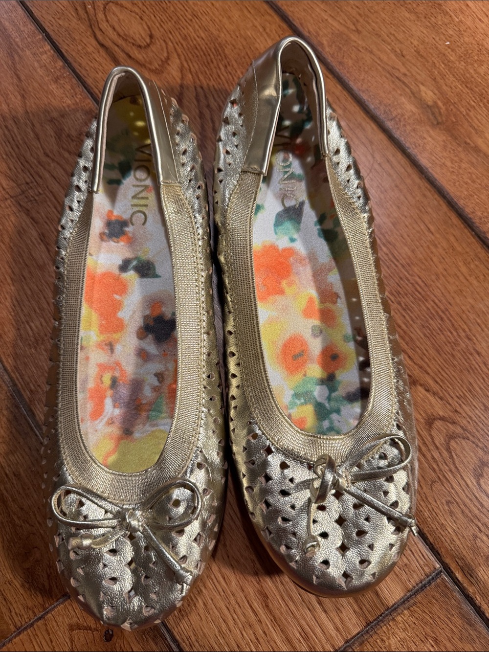 Vionic Gold Perforated Bow Ballet Flats